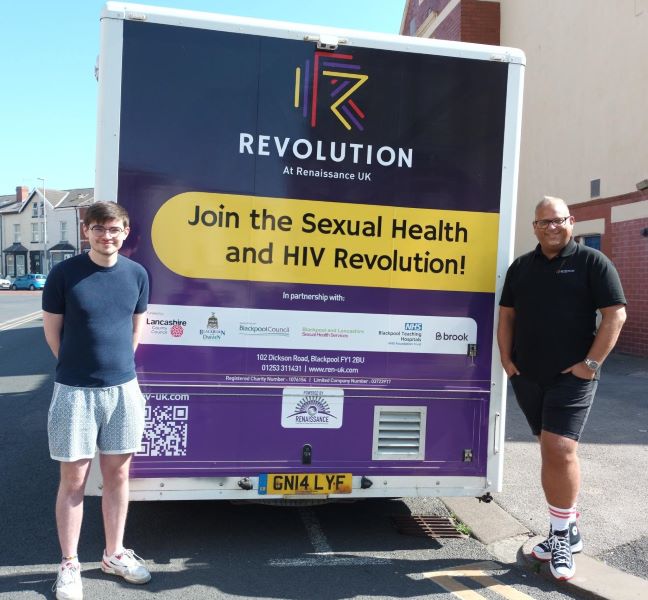 Mike Downey, Training and Awareness Lead, and Anthony Harrison-West, Sexual Health Manager, with “Patricia,” Renaissance UK’s events vehicle