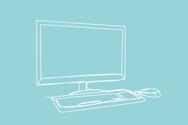 White illustrated drawing of a desktop computer on a blue background
